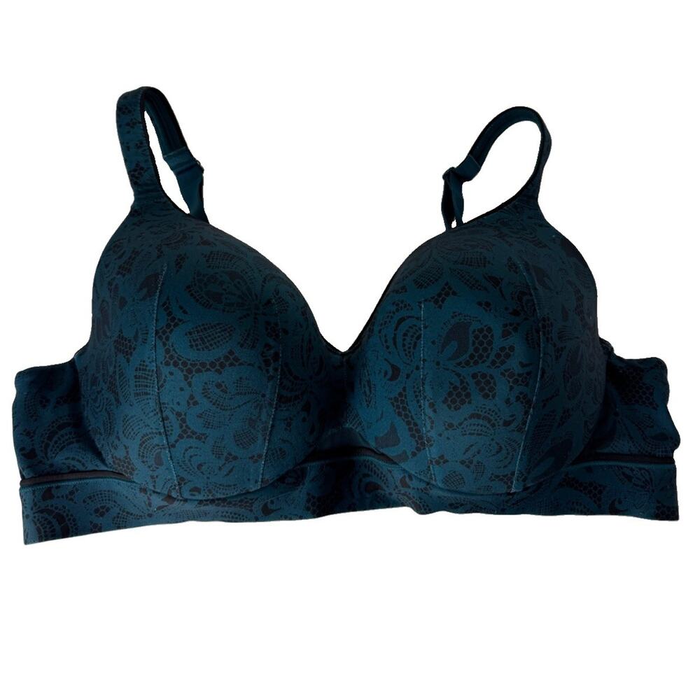 Cacique Bra 40C Teal Black Floral Lightly Lined Full Coverage Underwire